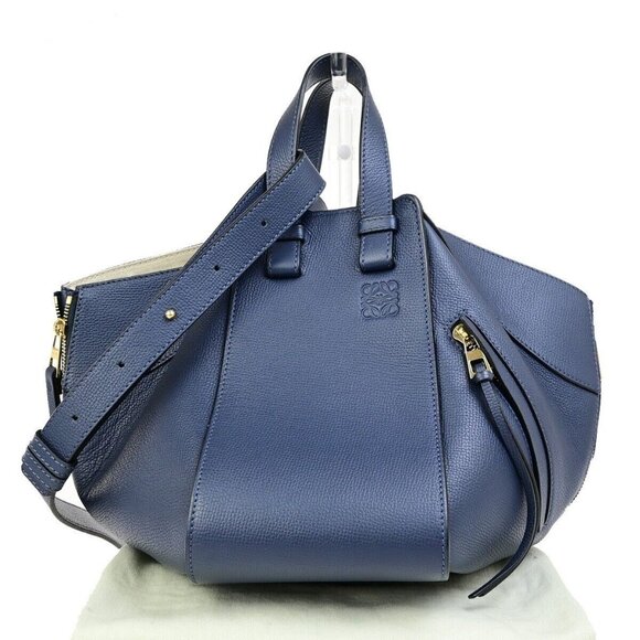 LOEWE Logo Hammock Small 2Way Shoulder Hand Bag Leather Blue Gold 606RK722
